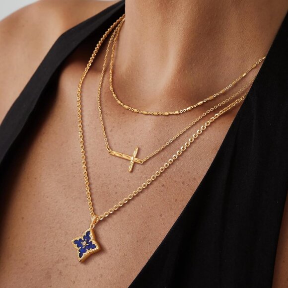 Gold Clover Necklace Women Dainty 14K Gold Dark Blue Pendant Adjustable Chain - Picture 2 of 7